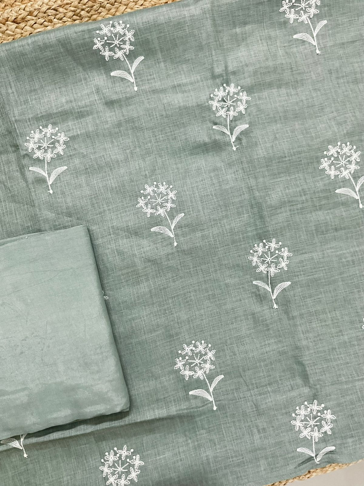 Soft Linen Jute Cotton Printed Embroidered Suit - Green