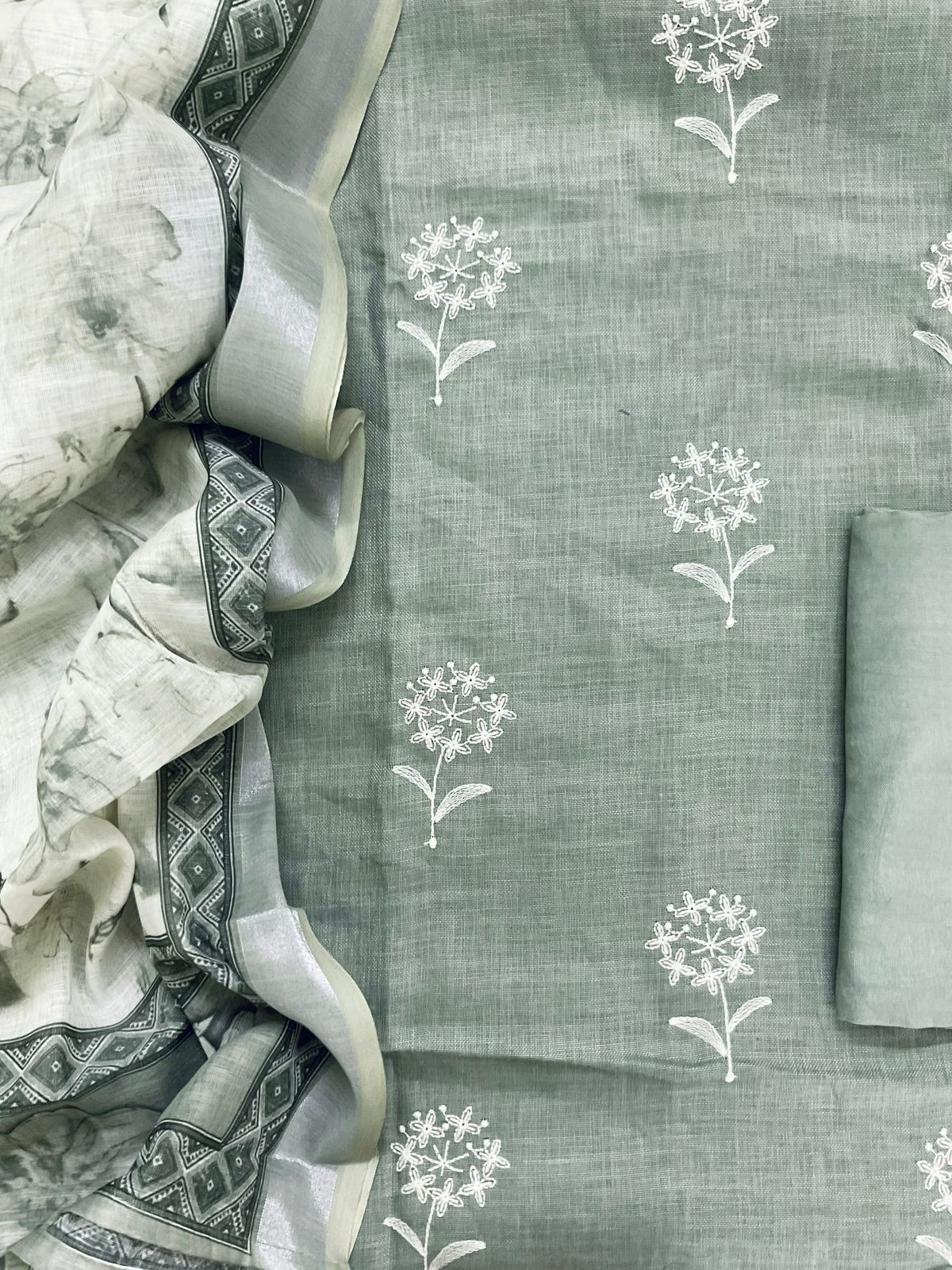 Soft Linen Jute Cotton Printed Embroidered Suit - Green