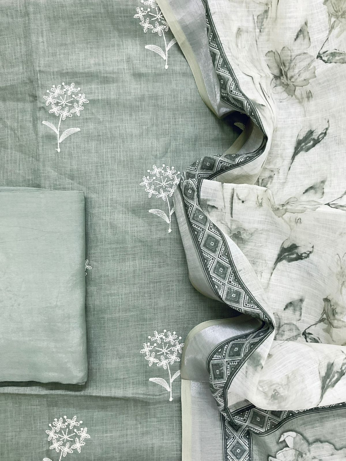 Soft Linen Jute Cotton Printed Embroidered Suit - Green