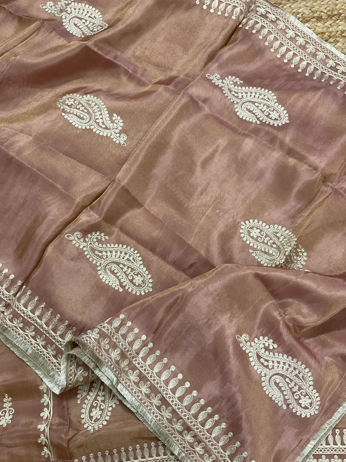 Soft Fine Tissue Shimmer Silk Embroidered Suit - Pinkish Beige