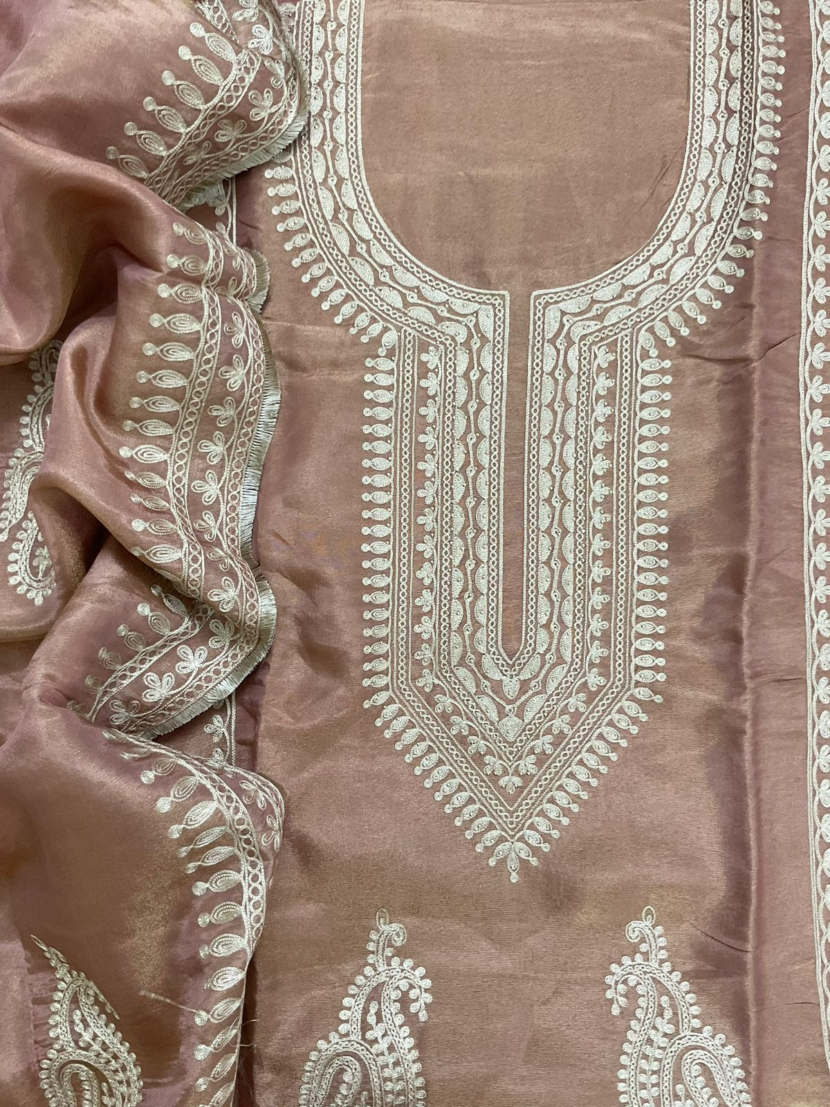 Soft Fine Tissue Shimmer Silk Embroidered Suit - Pinkish Beige