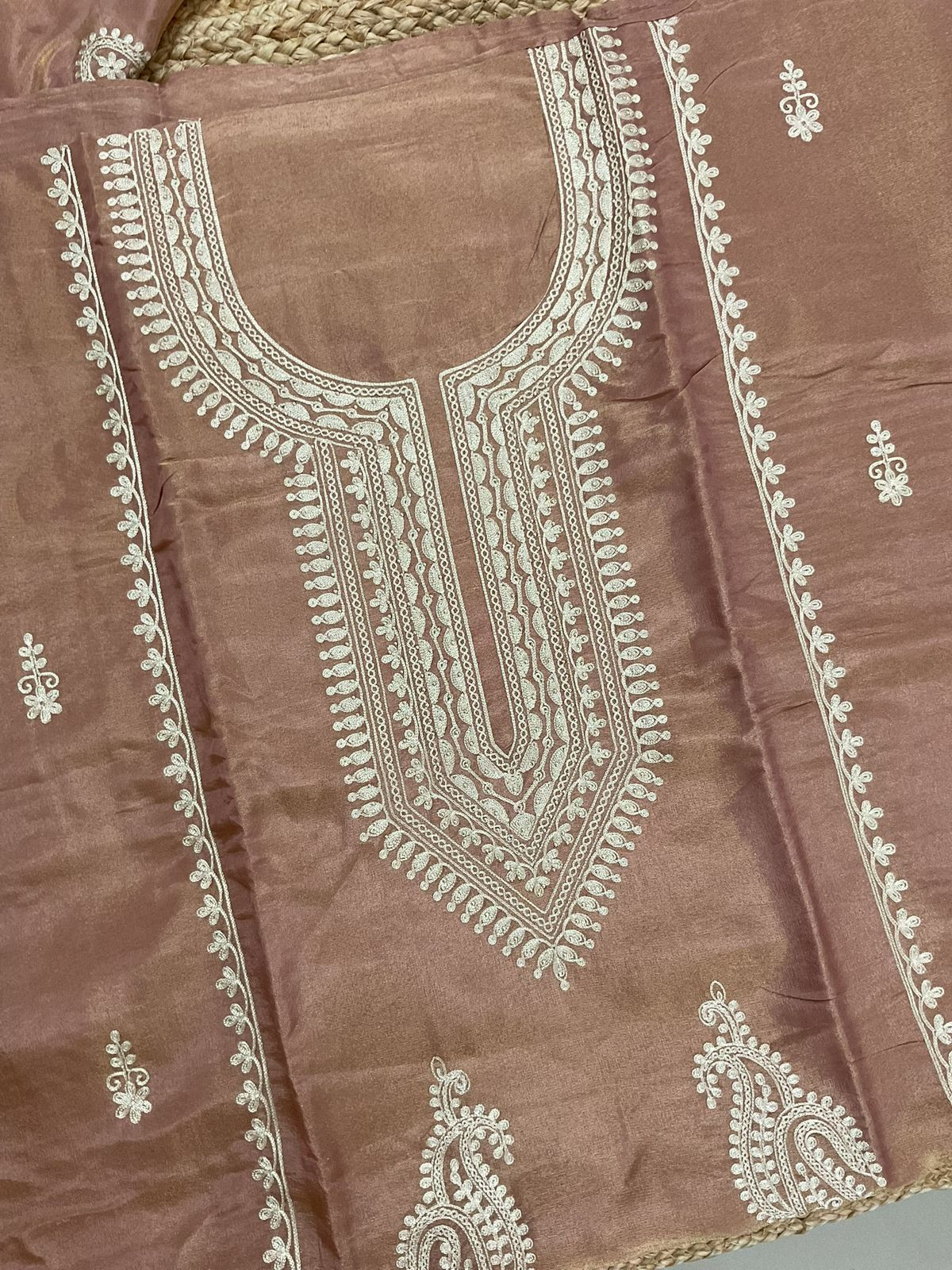 Soft Fine Tissue Shimmer Silk Embroidered Suit - Pinkish Beige