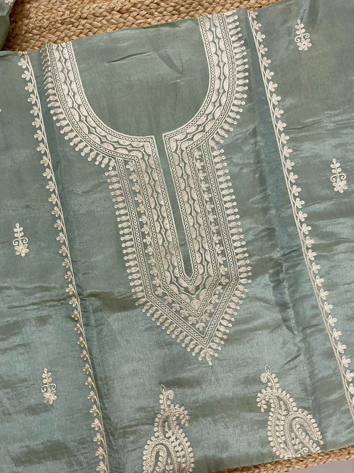 Soft Fine Tissue Shimmer Silk Embroidered Suit - Blue