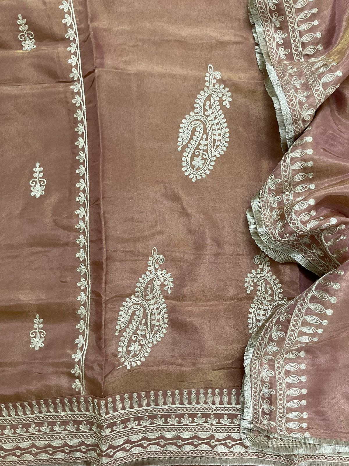 Soft Fine Tissue Shimmer Silk Embroidered Suit - Pinkish Beige
