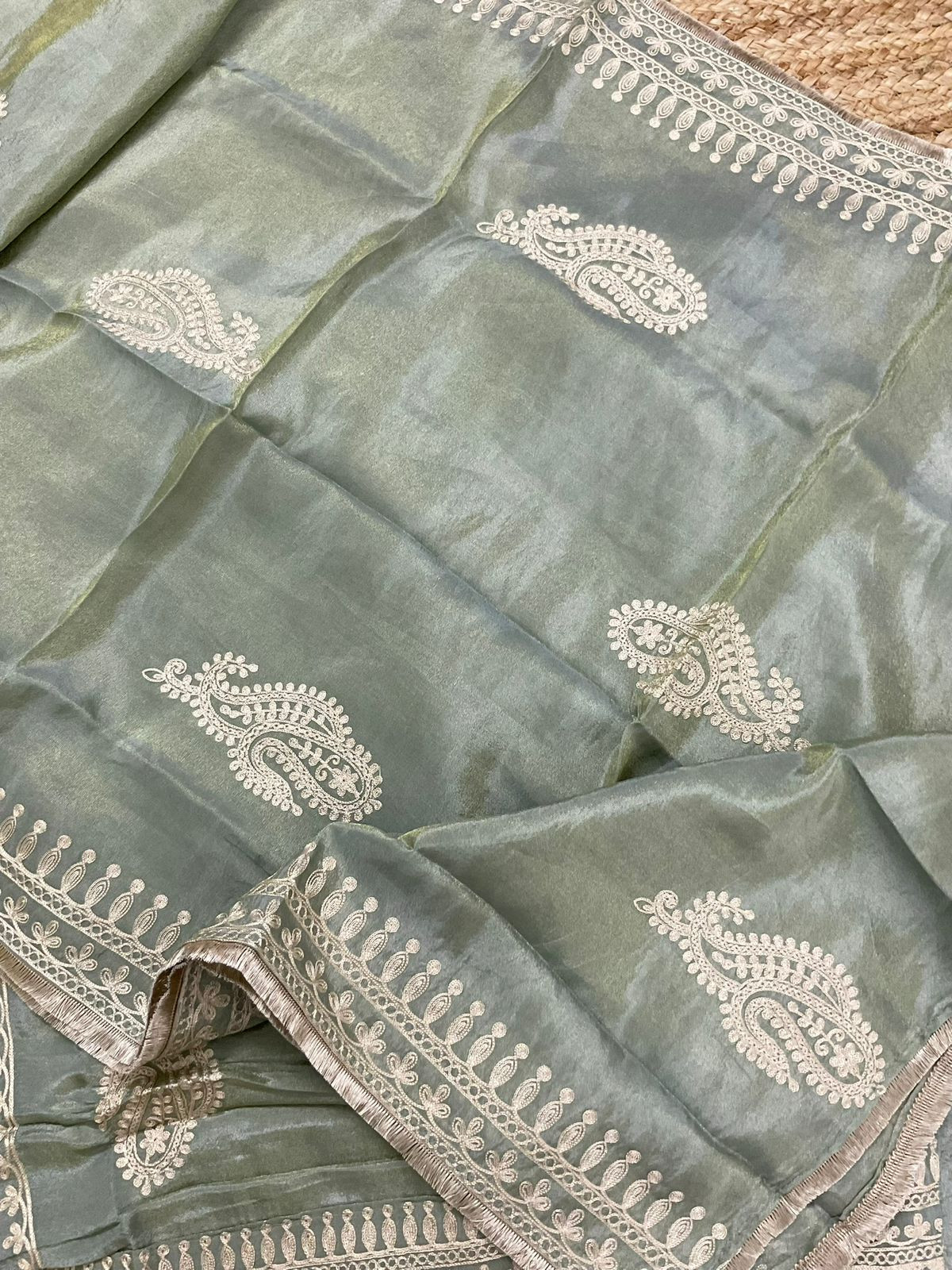 Soft Fine Tissue Shimmer Silk Embroidered Suit - Blue