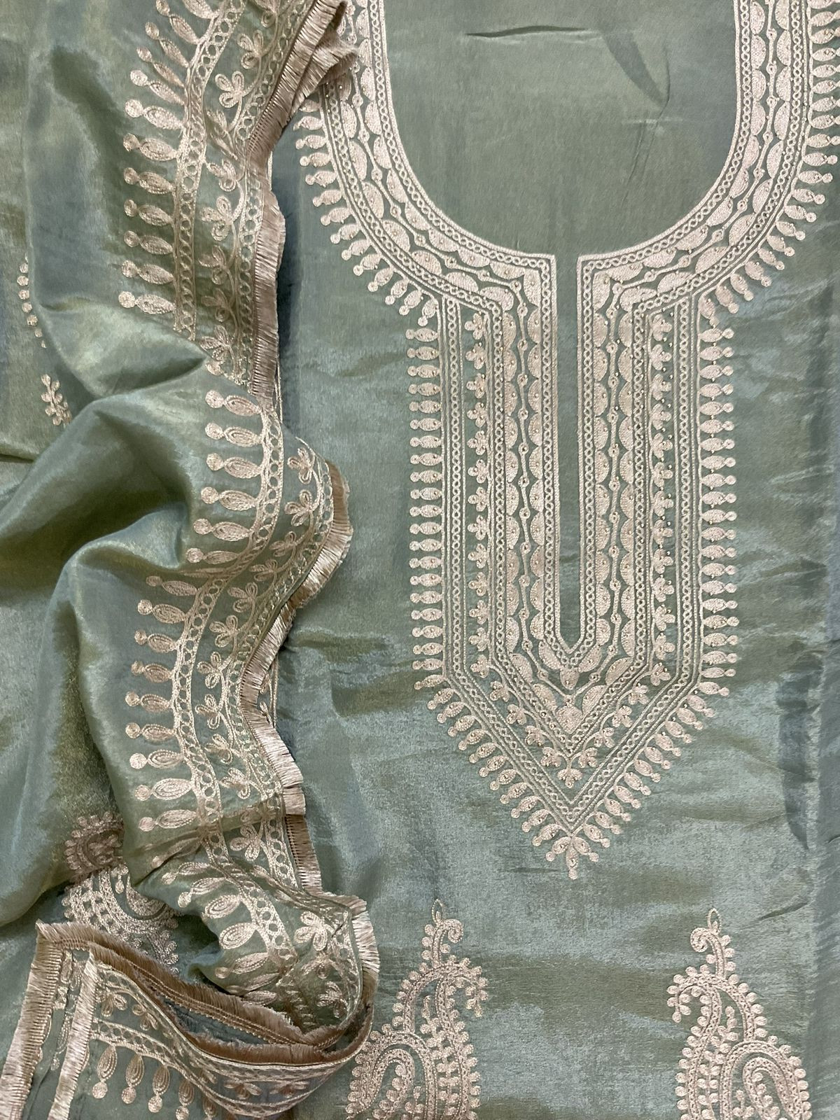 Soft Fine Tissue Shimmer Silk Embroidered Suit - Blue