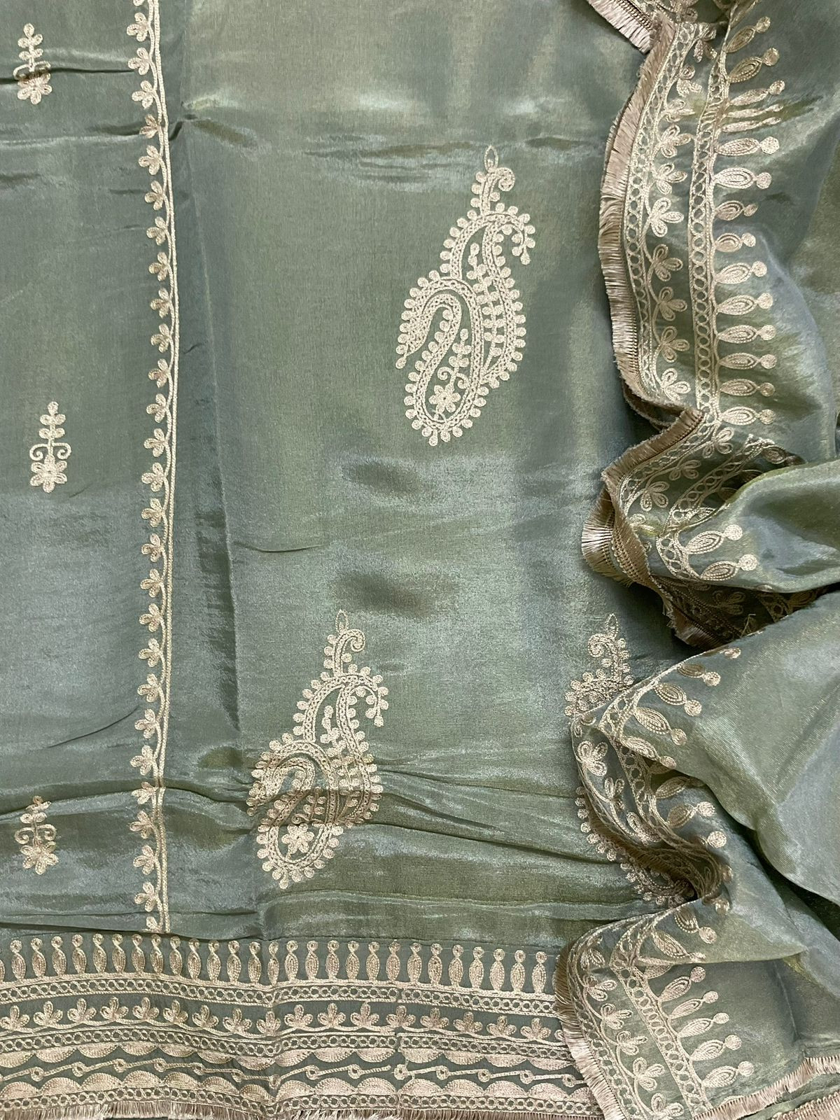 Soft Fine Tissue Shimmer Silk Embroidered Suit - Blue