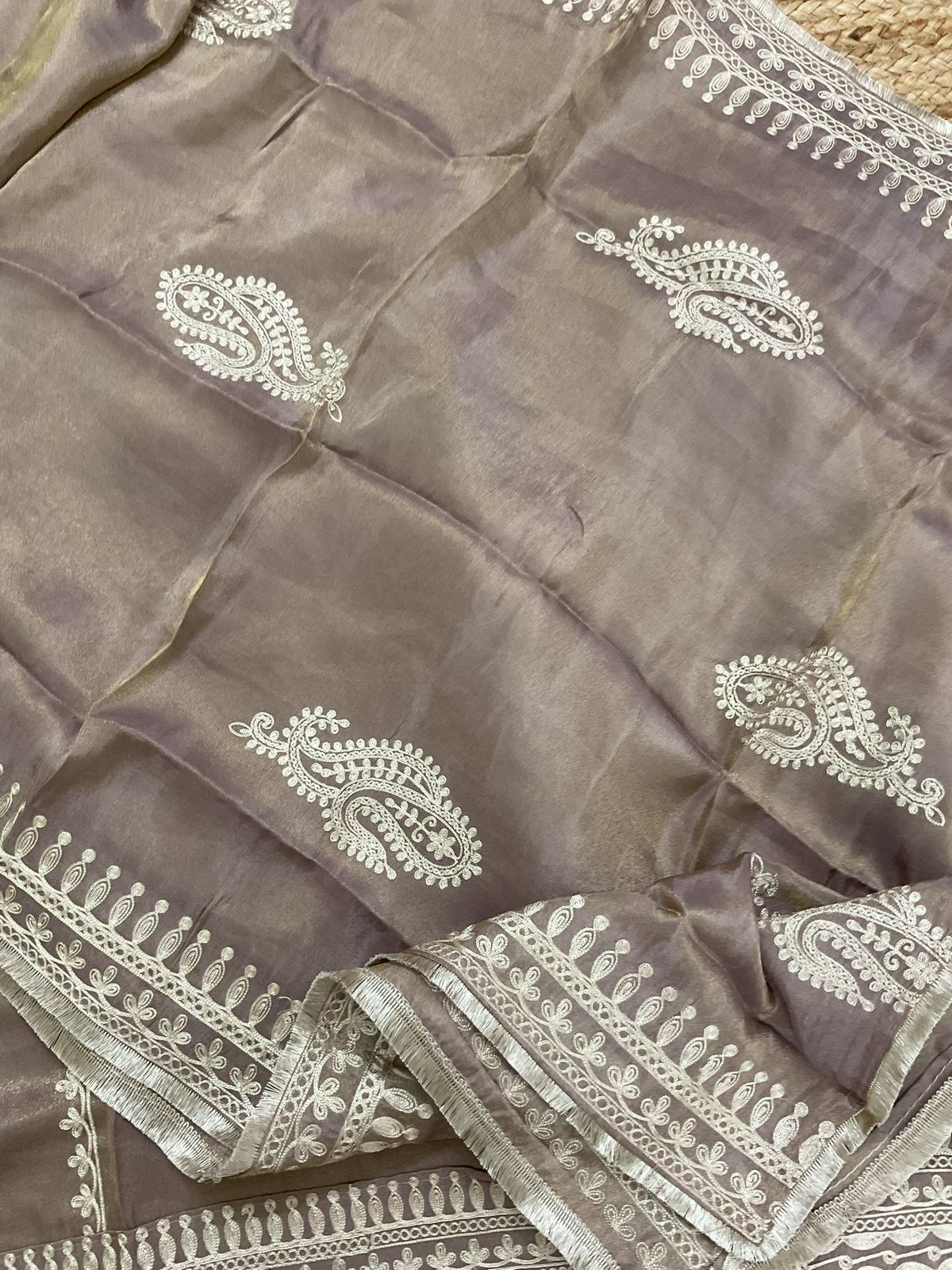 Soft Fine Tissue Shimmer Silk Embroidered Suit - Brown