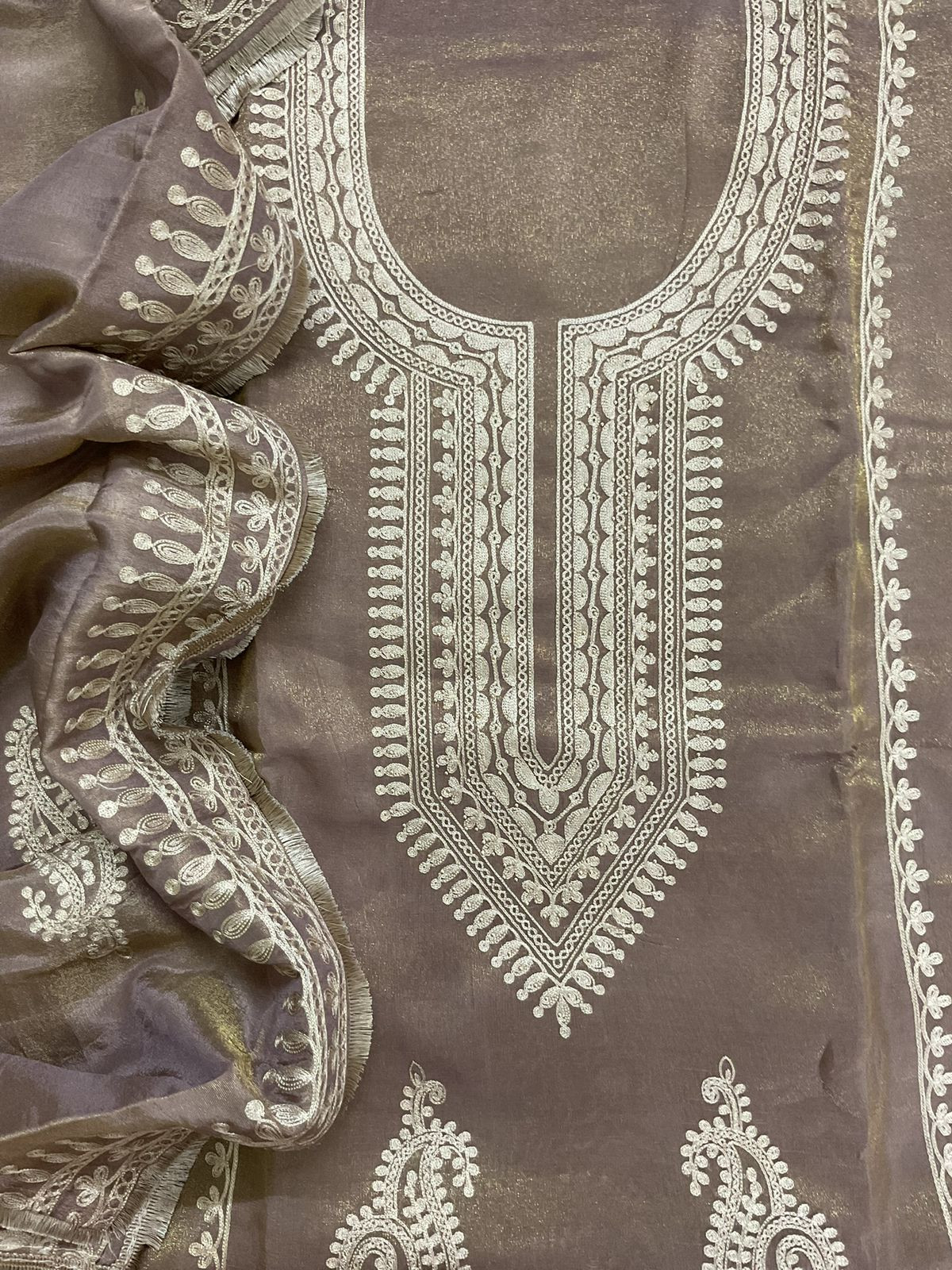 Soft Fine Tissue Shimmer Silk Embroidered Suit - Brown