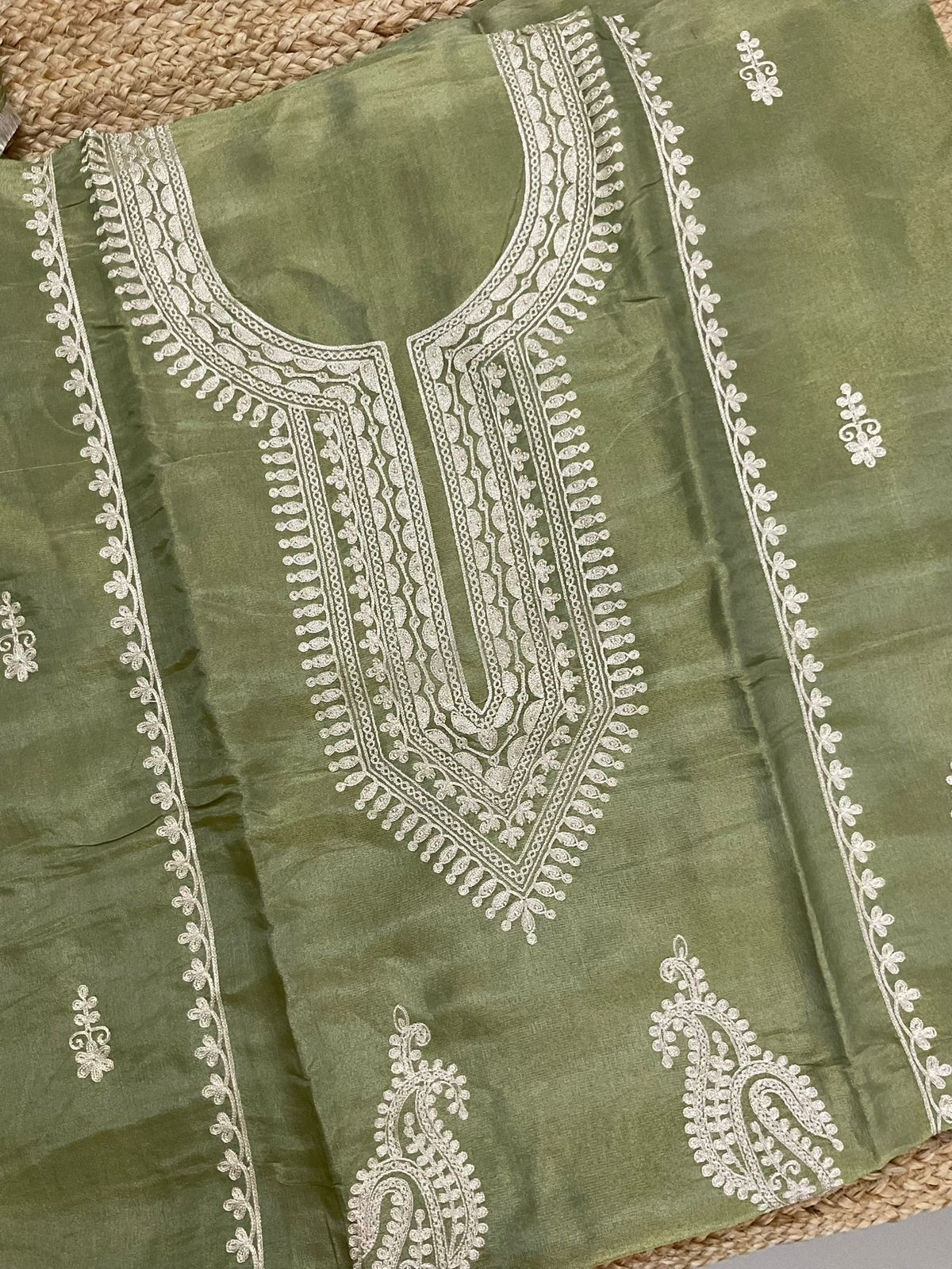 Soft Fine Tissue Shimmer Silk Embroidered Suit - Green