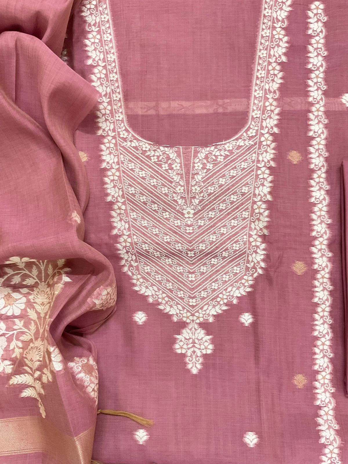 Soft Slub Chanderi Jamdani Weaved Suit - Pink