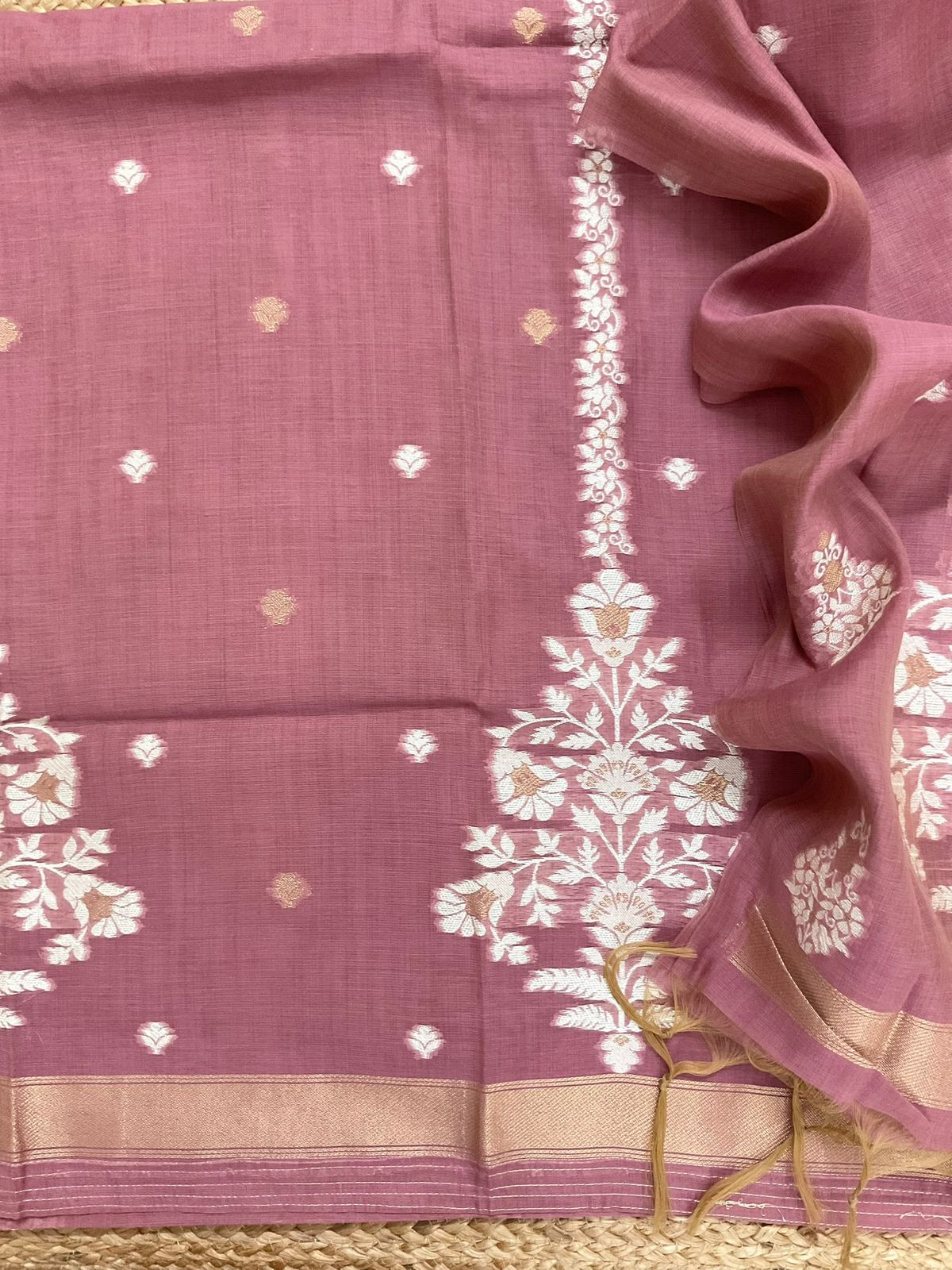 Soft Slub Chanderi Jamdani Weaved Suit - Pink