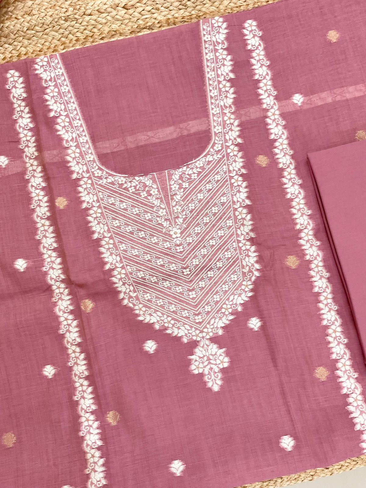 Soft Slub Chanderi Jamdani Weaved Suit - Pink