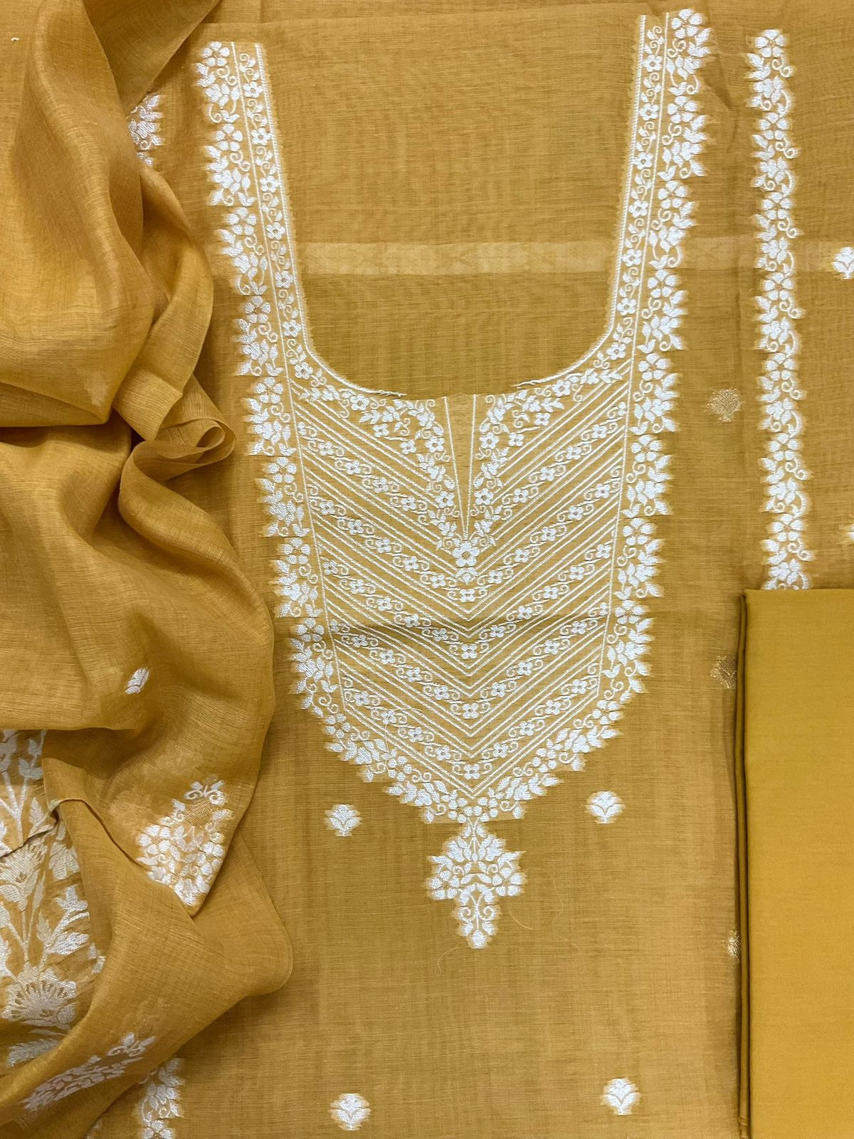 Soft Slub Chanderi Jamdani Weaved Suit - Yellow