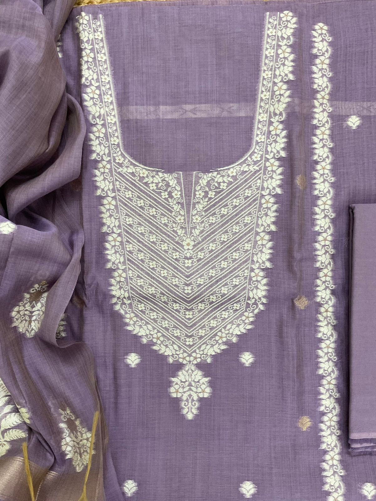 Soft Slub Chanderi Jamdani Weaved Suit - Lavender