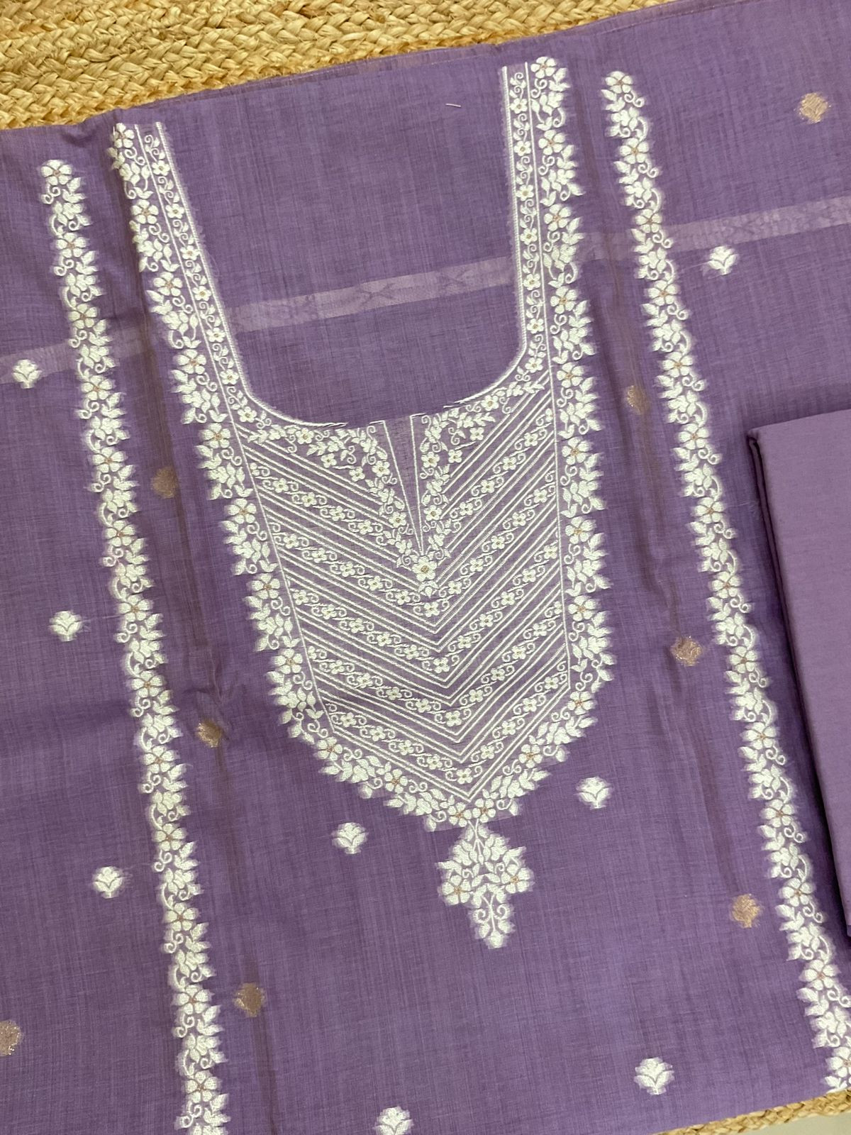 Soft Slub Chanderi Jamdani Weaved Suit - Lavender