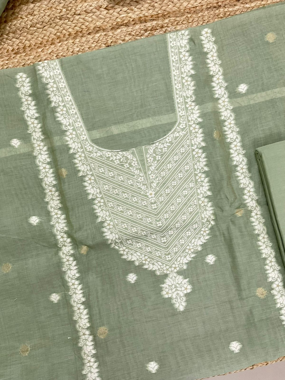 Soft Slub Chanderi Jamdani Weaved Suit - Green