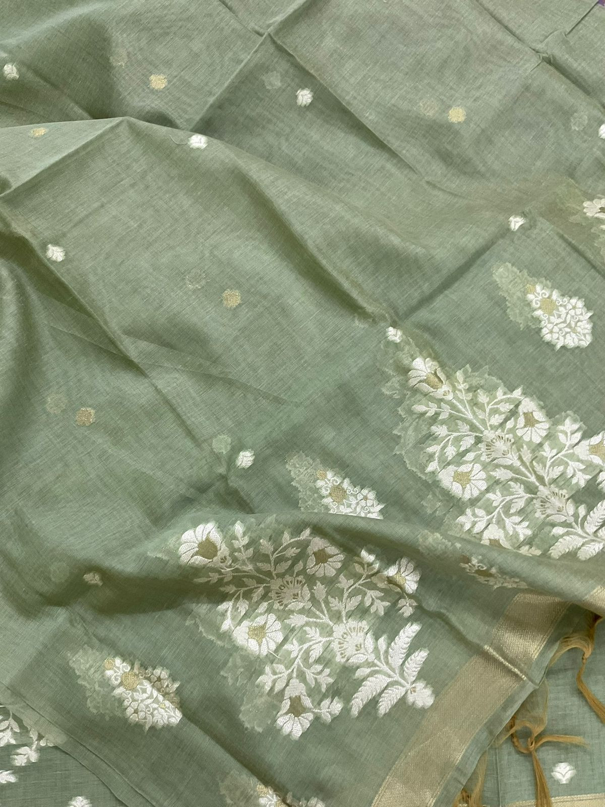 Soft Slub Chanderi Jamdani Weaved Suit - Green