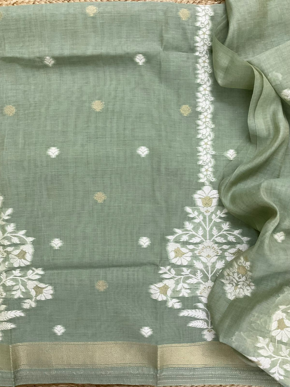 Soft Slub Chanderi Jamdani Weaved Suit - Green