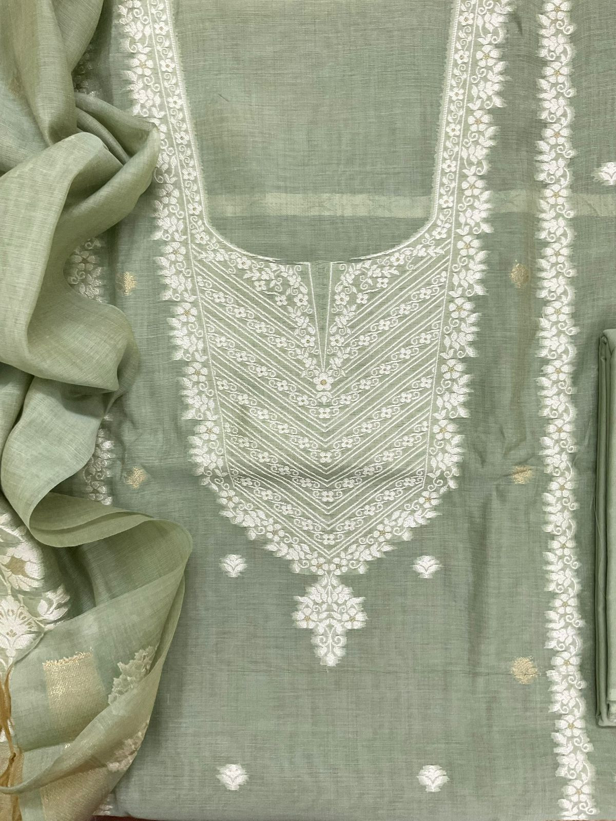 Soft Slub Chanderi Jamdani Weaved Suit - Green