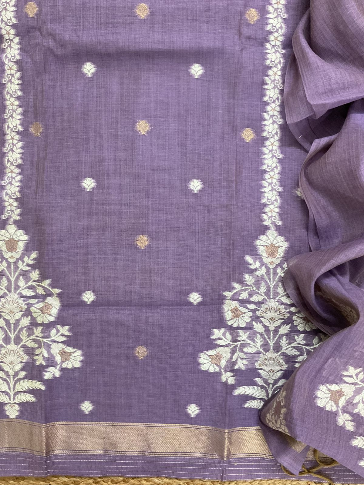 Soft Slub Chanderi Jamdani Weaved Suit - Lavender