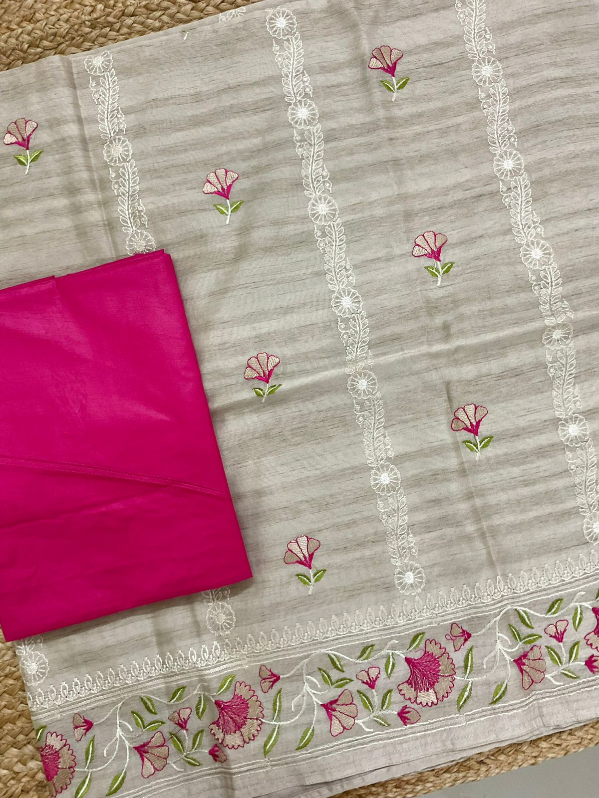 Soft Semi Tussar Silk Banarasi Weaved Embroidered Suit - Beige