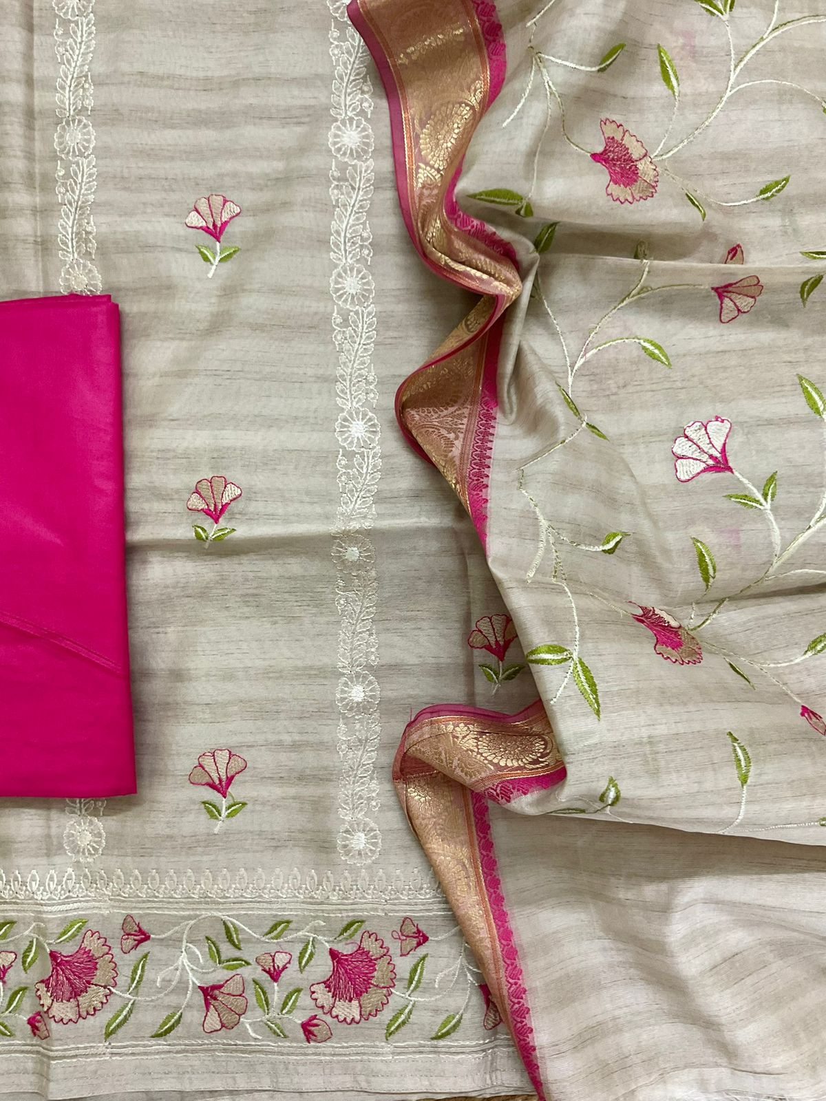 Soft Semi Tussar Silk Banarasi Weaved Embroidered Suit - Beige