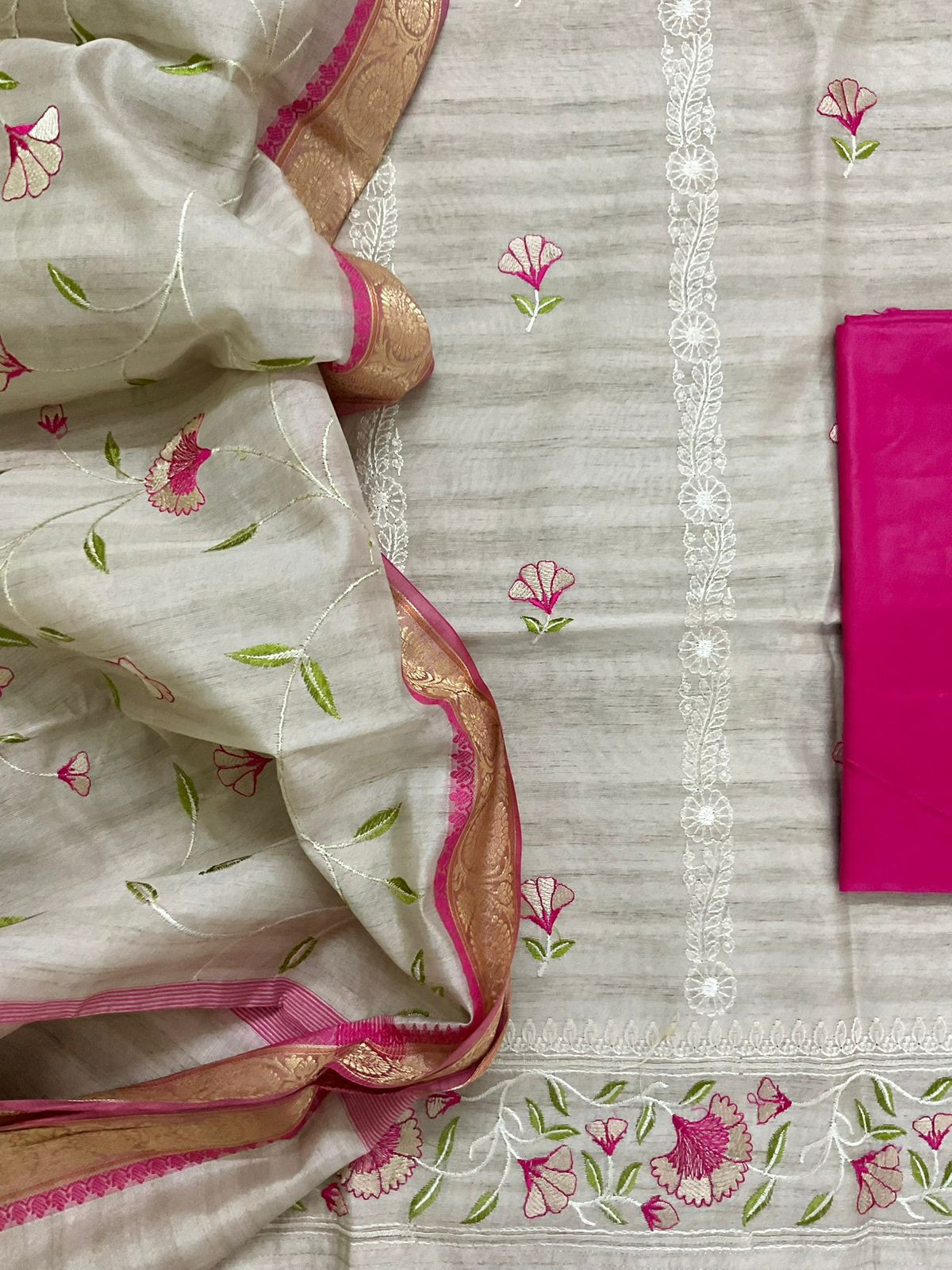 Soft Semi Tussar Silk Banarasi Weaved Embroidered Suit - Beige