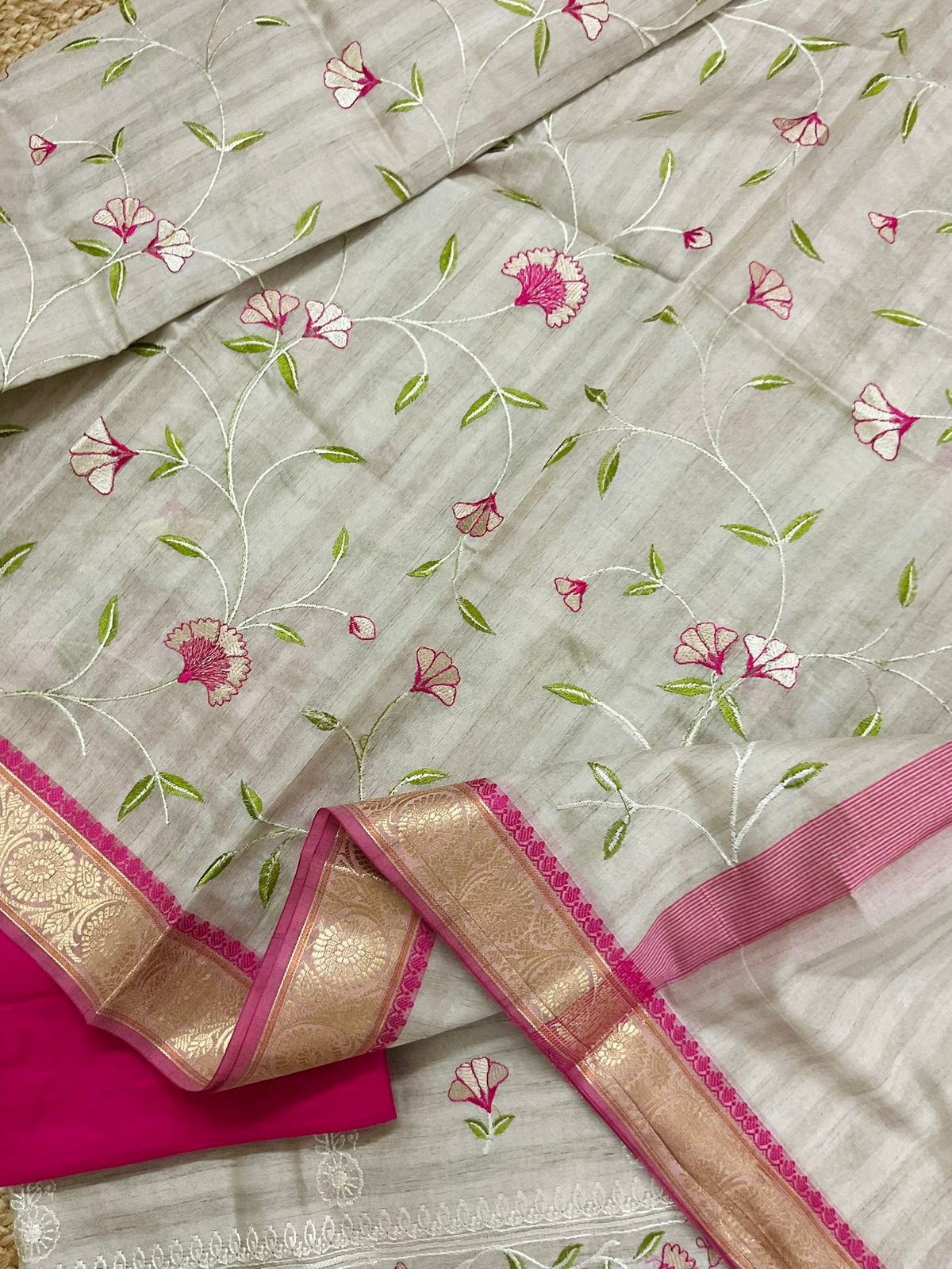 Soft Semi Tussar Silk Banarasi Weaved Embroidered Suit - Beige