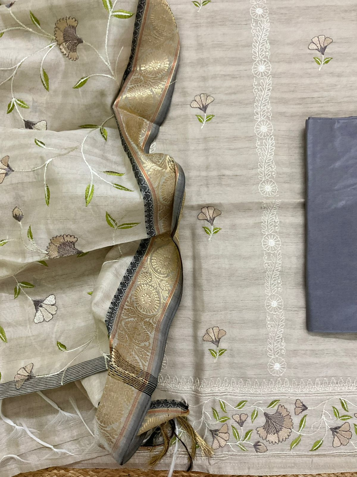 Soft Semi Tussar Silk Banarasi Weaved Embroidered Suit - Beige