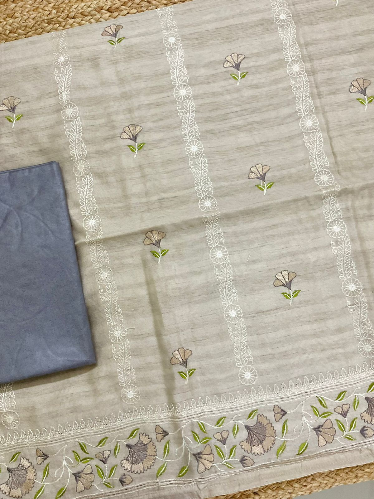 Soft Semi Tussar Silk Banarasi Weaved Embroidered Suit - Beige