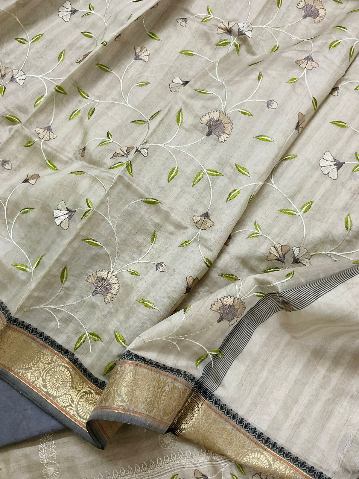 Soft Semi Tussar Silk Banarasi Weaved Embroidered Suit - Beige