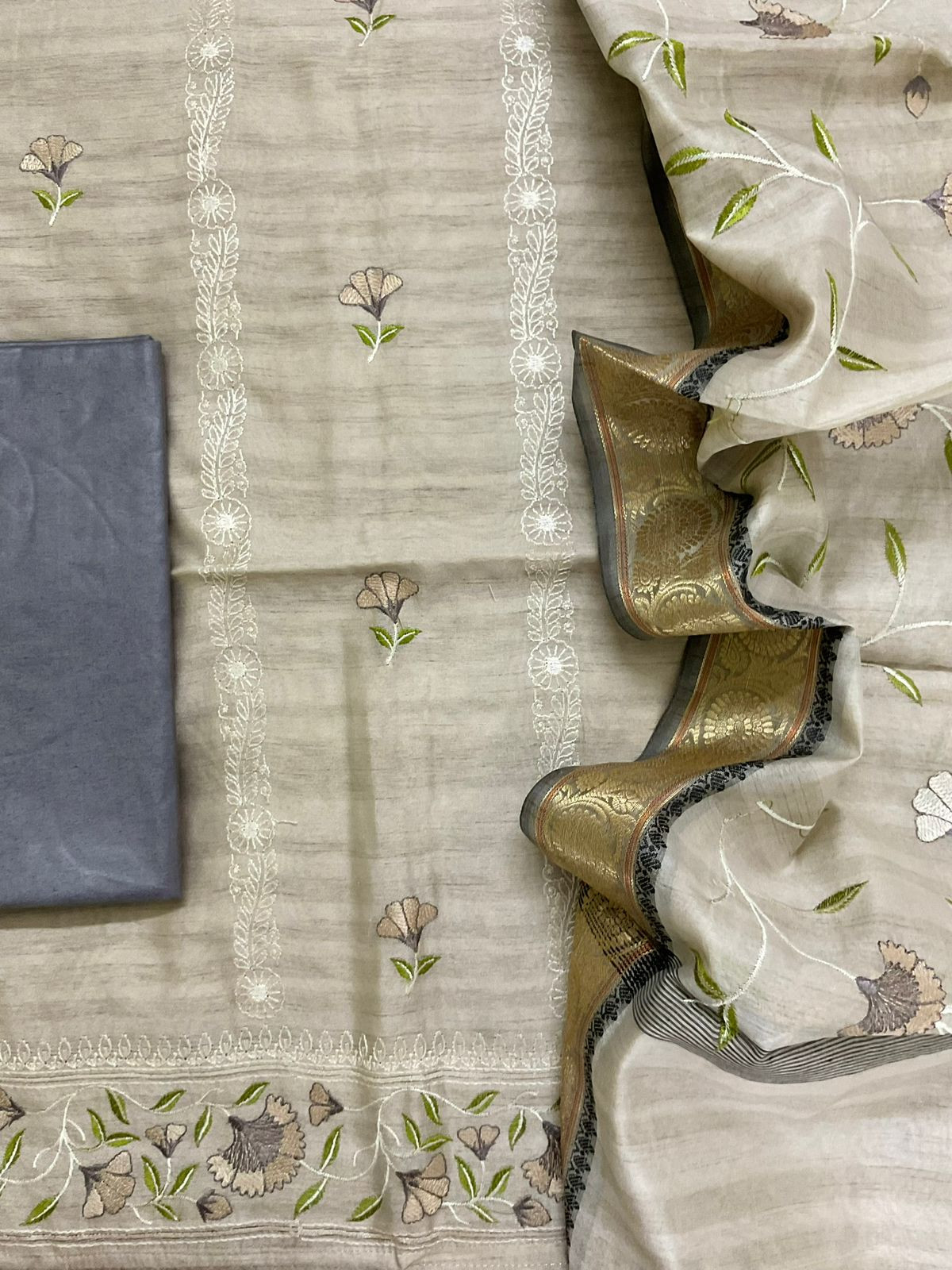 Soft Semi Tussar Silk Banarasi Weaved Embroidered Suit - Beige