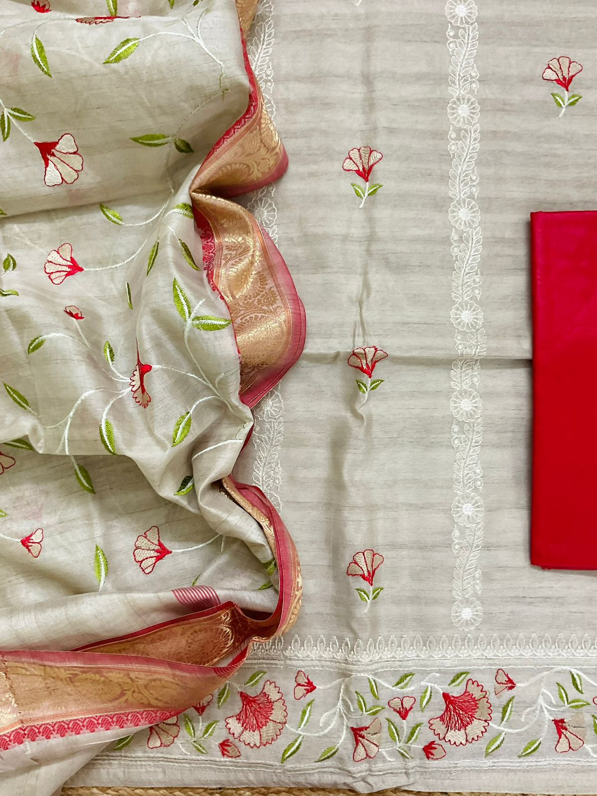 Soft Semi Tussar Silk Banarasi Weaved Embroidered Suit - Beige