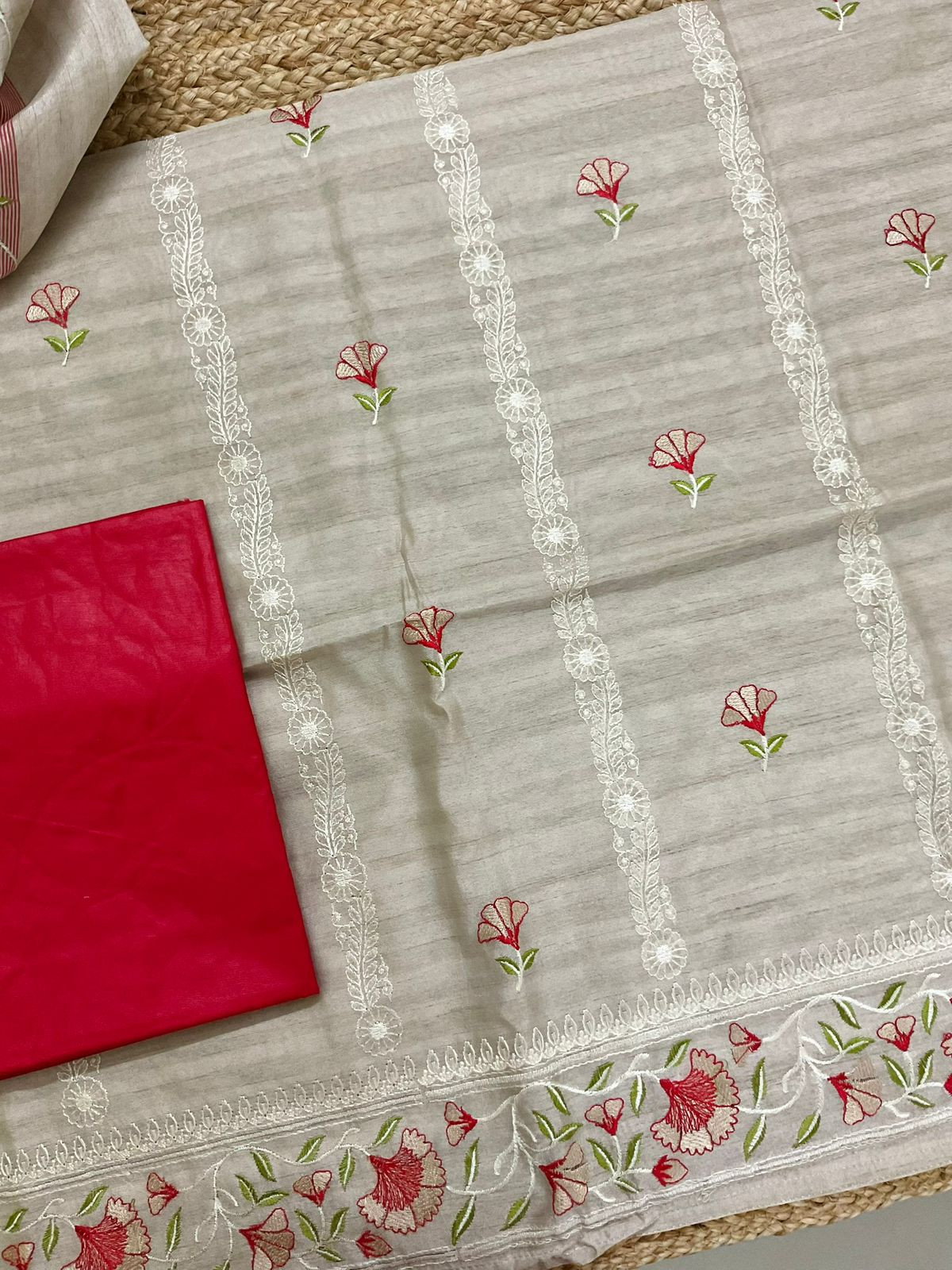 Soft Semi Tussar Silk Banarasi Weaved Embroidered Suit - Beige