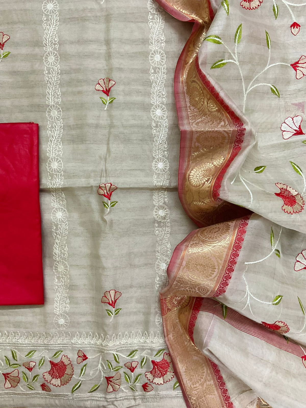 Soft Semi Tussar Silk Banarasi Weaved Embroidered Suit - Beige
