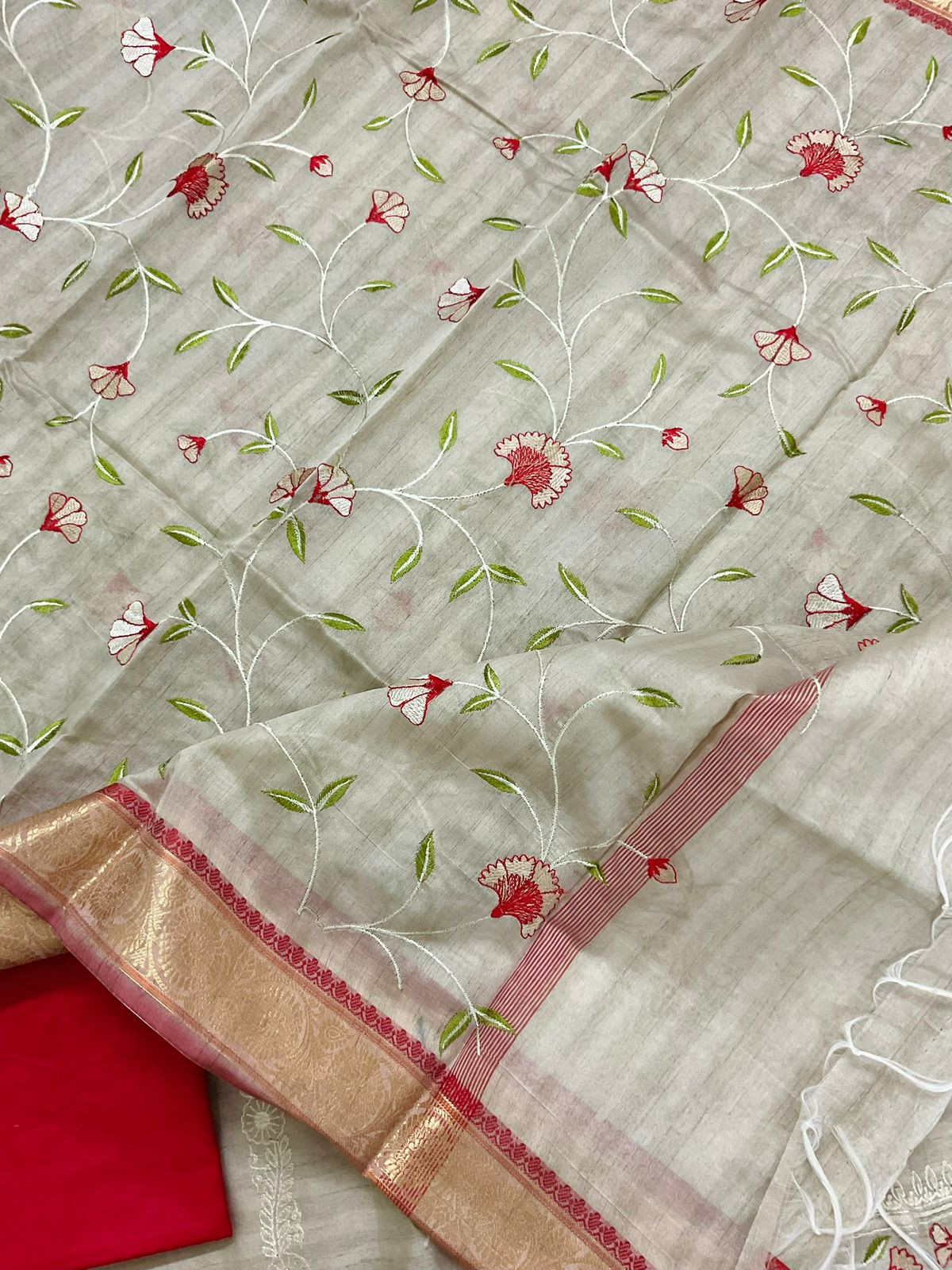 Soft Semi Tussar Silk Banarasi Weaved Embroidered Suit - Beige