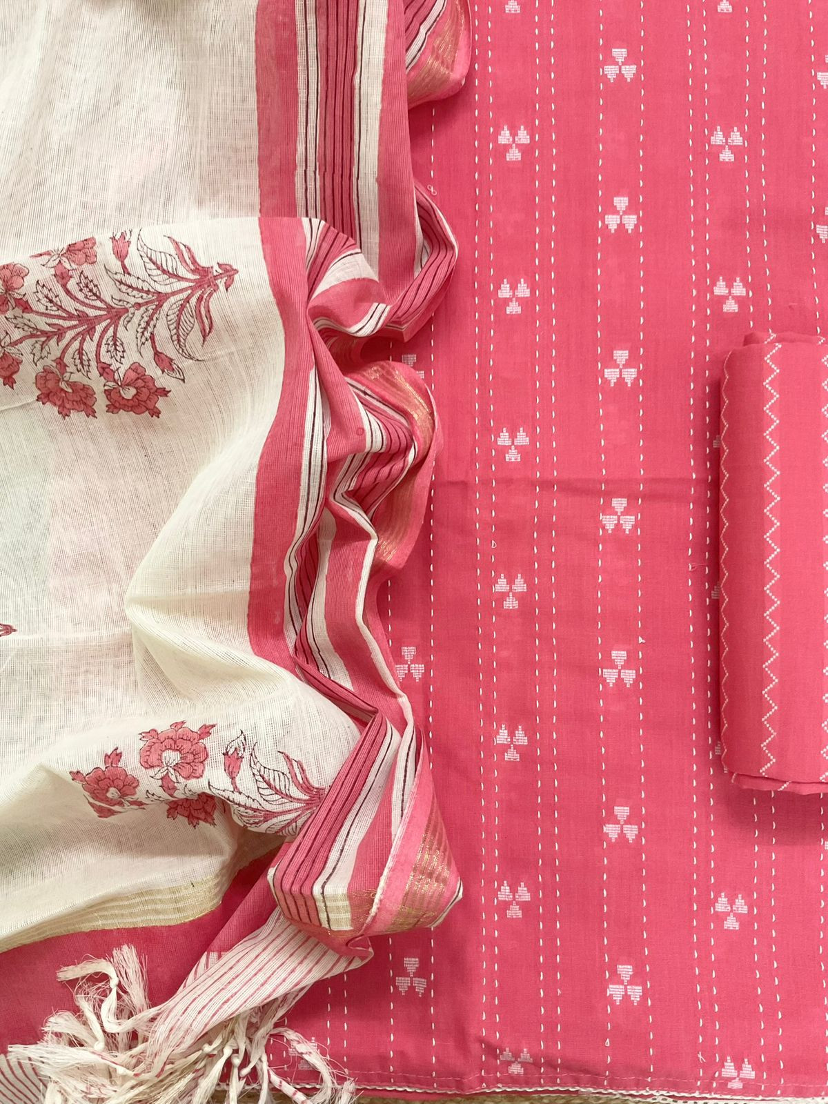 Pure Handloom Cotton Printed Self Weaved Embroidered Suit - Pink