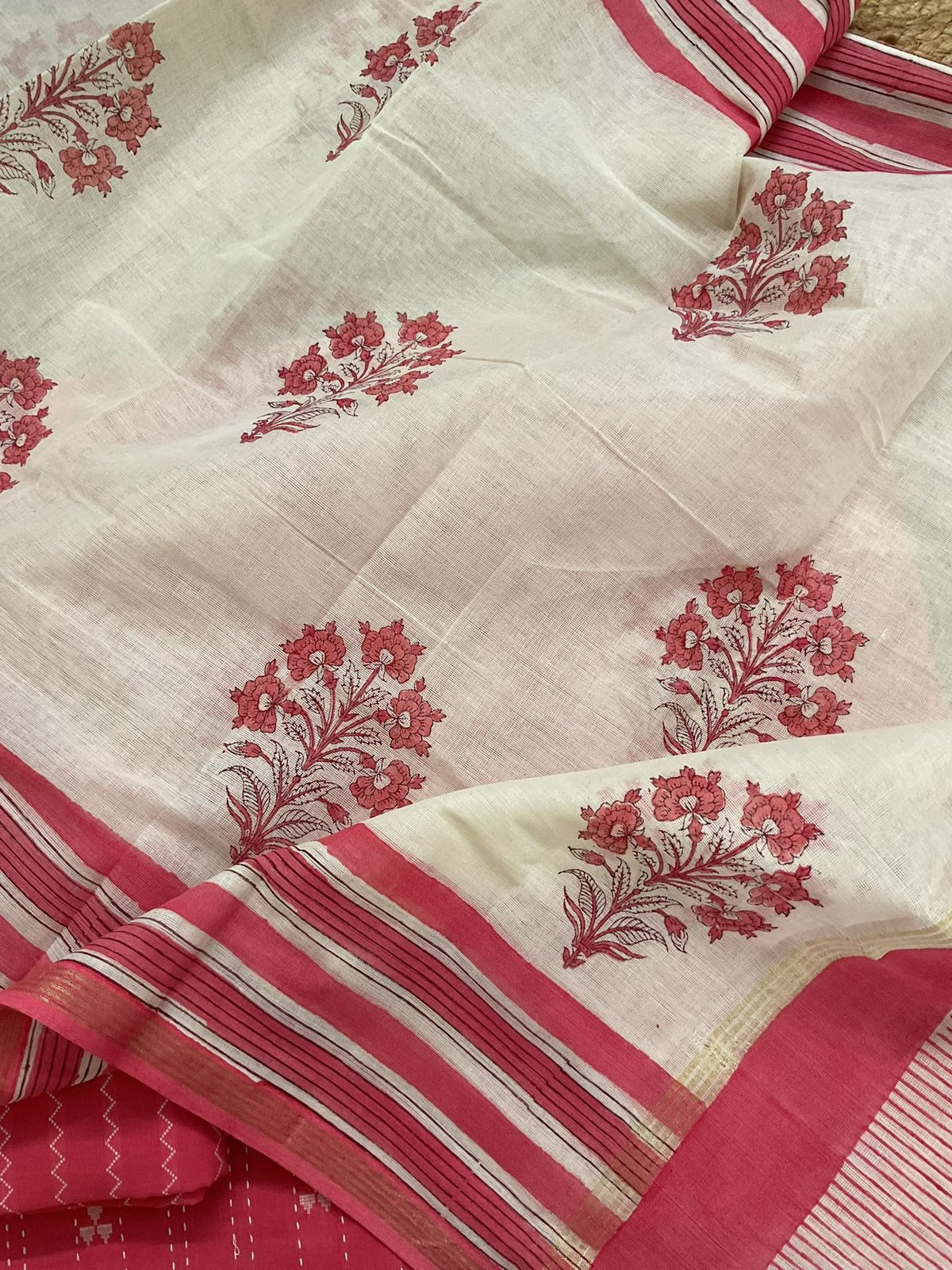 Pure Handloom Cotton Printed Self Weaved Embroidered Suit - Pink