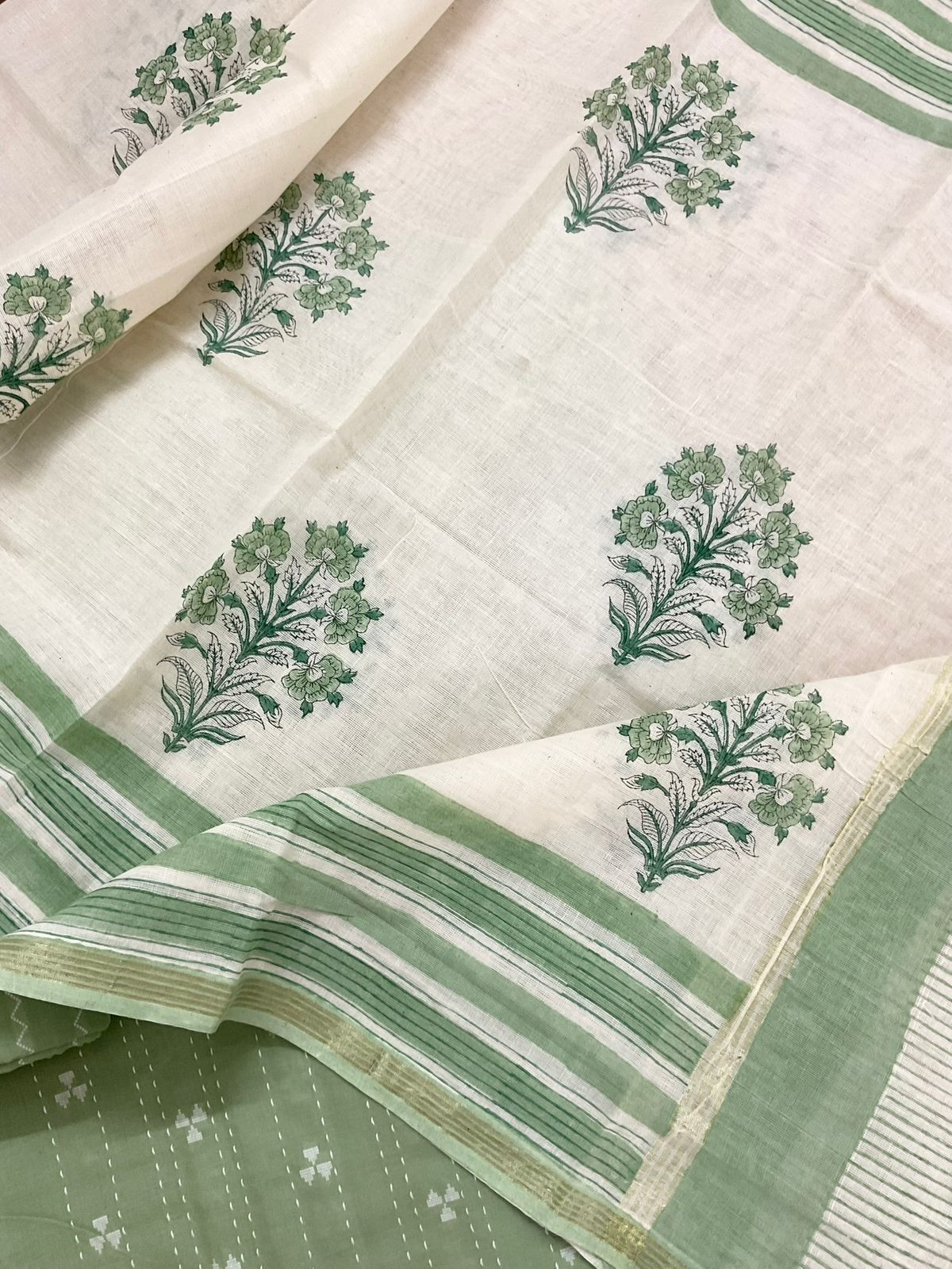 Pure Handloom Cotton Printed Self Weaved Embroidered Suit - Green