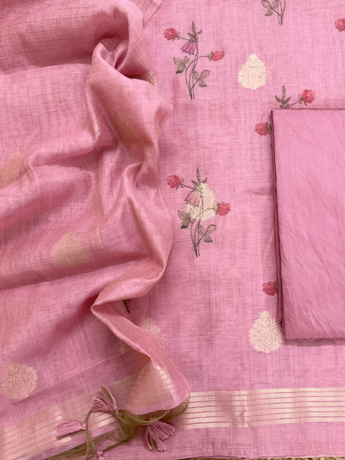 Soft Slub Chanderi Printed Jamdani Weaved Suit - Pink