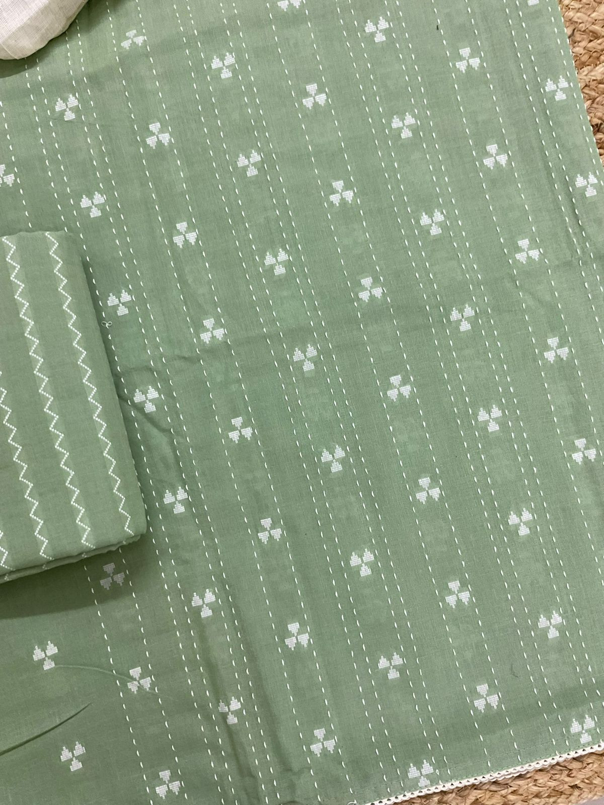 Pure Handloom Cotton Printed Self Weaved Embroidered Suit - Green