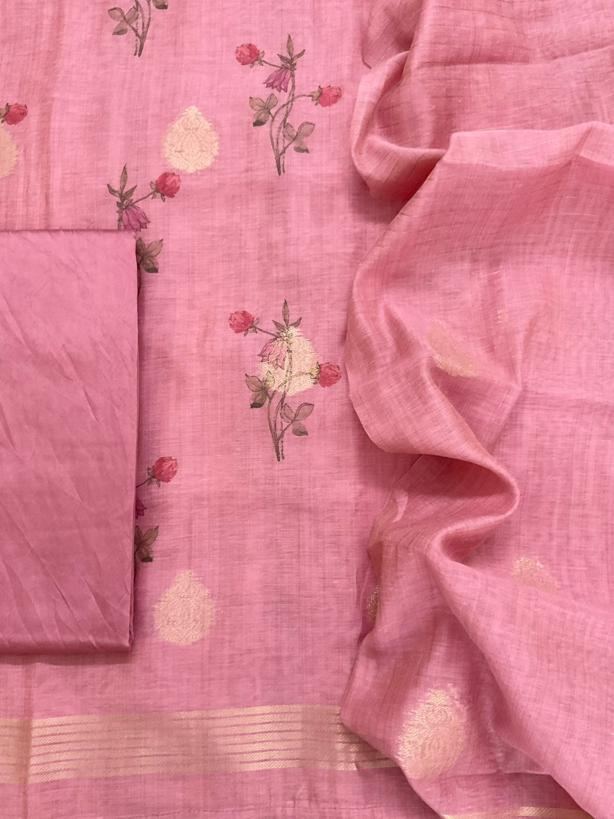 Soft Slub Chanderi Printed Jamdani Weaved Suit - Pink