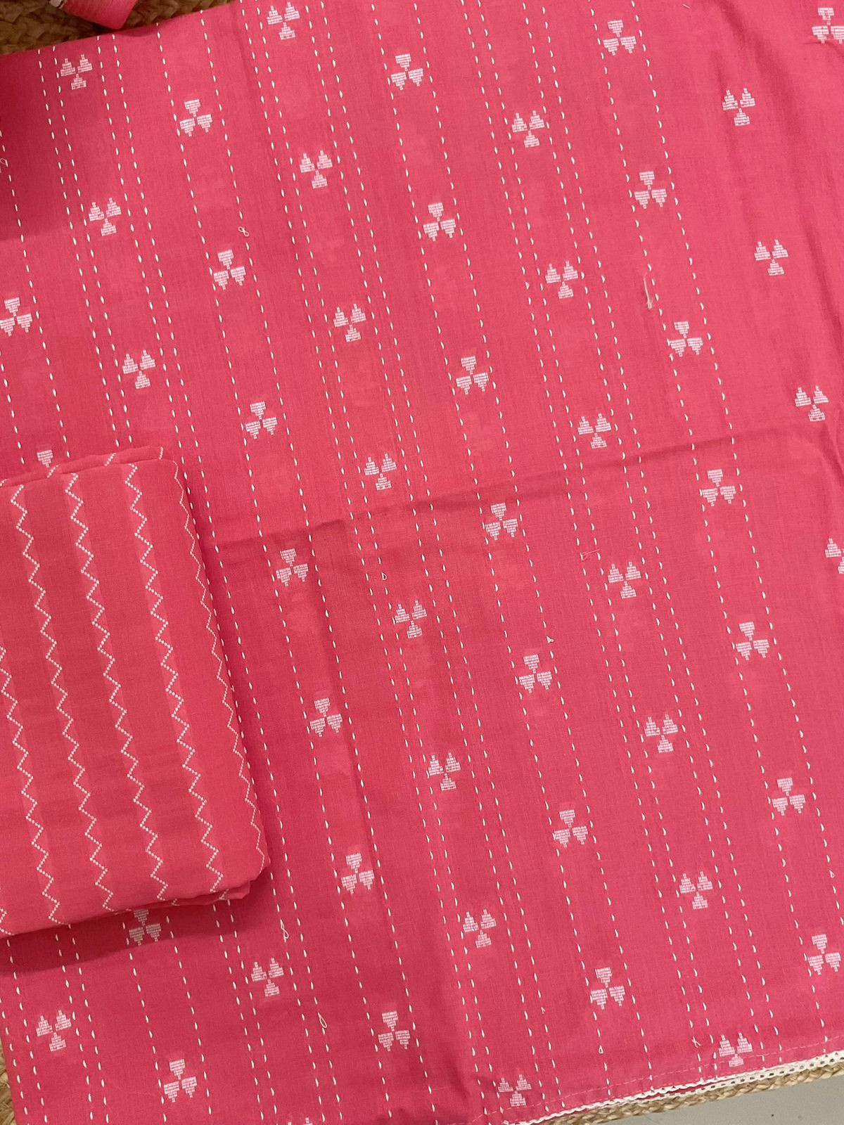 Pure Handloom Cotton Printed Self Weaved Embroidered Suit - Pink