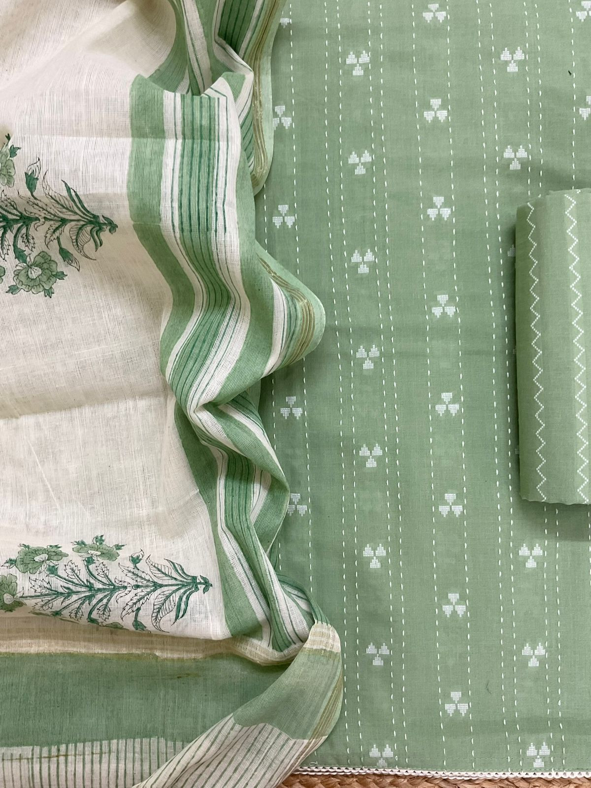 Pure Handloom Cotton Printed Self Weaved Embroidered Suit - Green