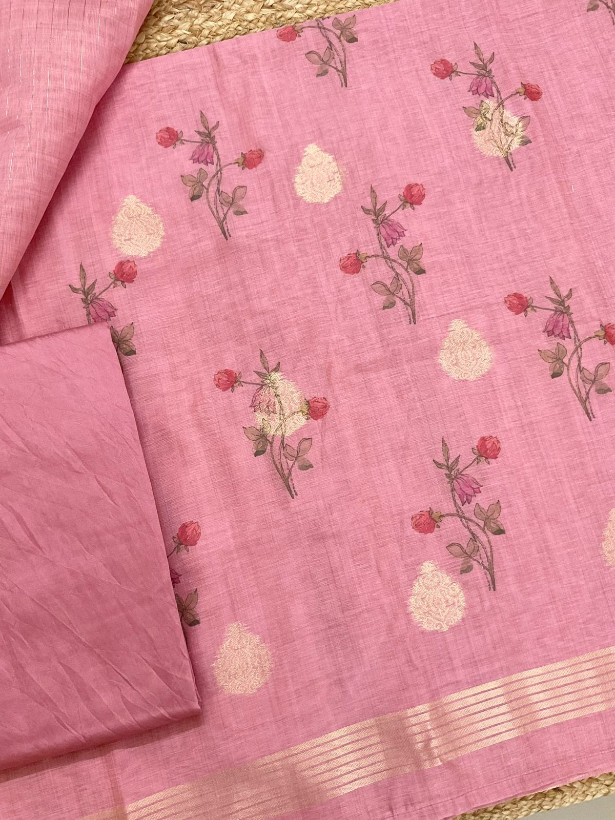 Soft Slub Chanderi Printed Jamdani Weaved Suit - Pink