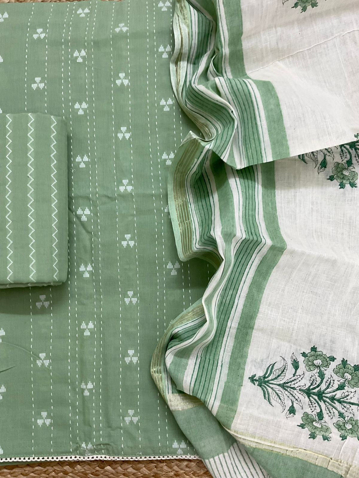 Pure Handloom Cotton Printed Self Weaved Embroidered Suit - Green