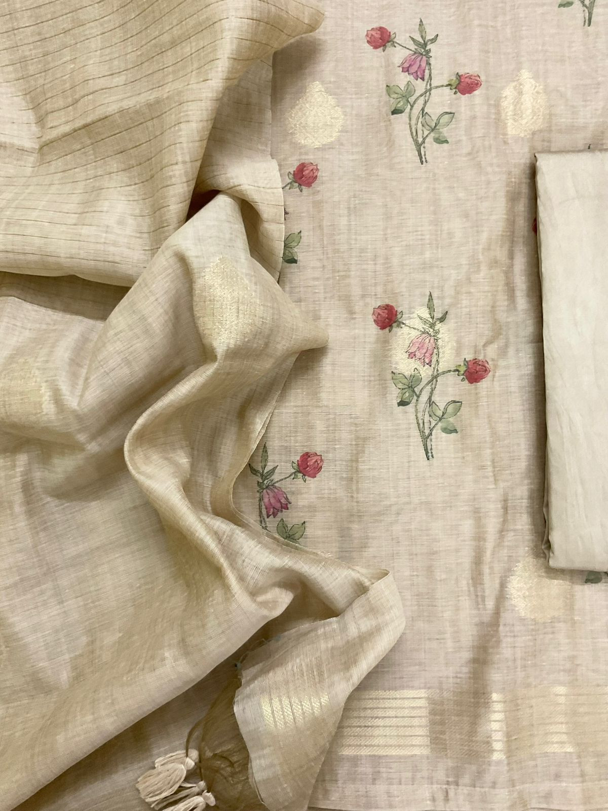 Soft Slub Chanderi Printed Jamdani Weaved Suit - Beige