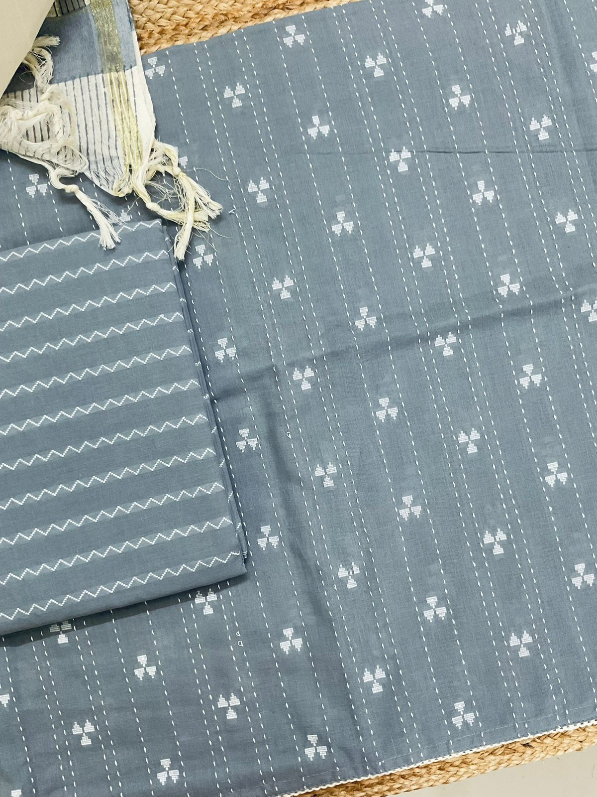 Pure Handloom Cotton Printed Self Weaved Embroidered Suit - Grey