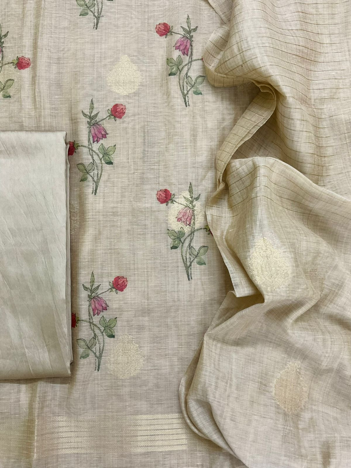 Soft Slub Chanderi Printed Jamdani Weaved Suit - Beige